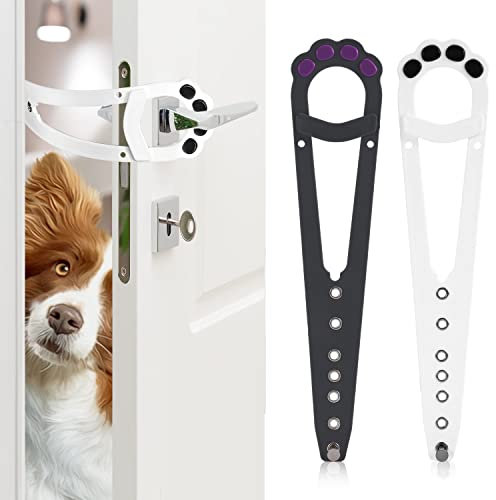 2pcs Cat Door Latch Holder, Cute Cat Paw Shaped Cat Door Bracket Latch, Adjustable Door Strap for Pets Alternative Door Locks for Letting Cats In, Keeping Dogs Out (White, Black)