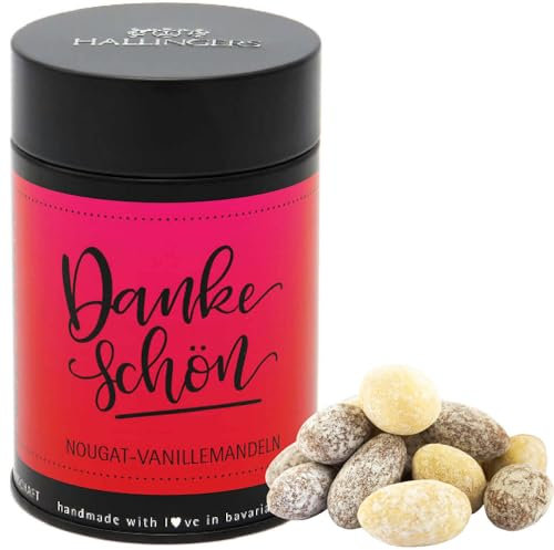 Hallingers Dankeschön - Nougat-schokolierte Vanille-Mandeln handgemacht - fix und fertig als Geschenk (Dose) - Geschenk im Sommer & als perfektes Grillgeschenk | Danke Jahrestag Neues Zuhause