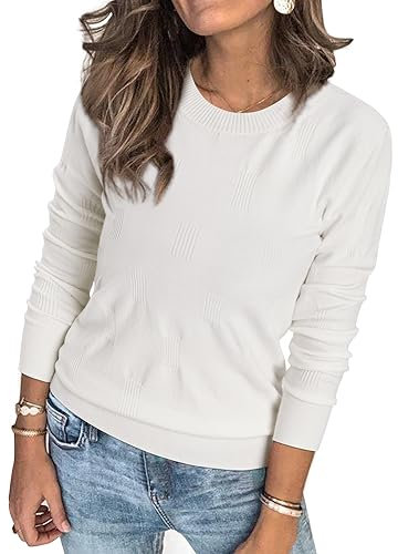 Arach&Cloz Pullover Damen Langarm Elegant Frühjahr Winter Strickpullover Weiß Rundhals Pulli Sweatshirt (M)