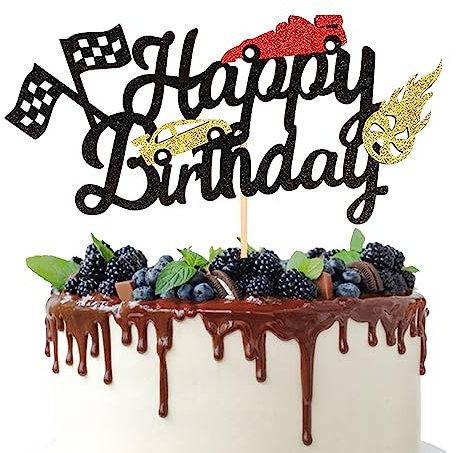 Racing Car Cake Topper Glitter Happy Birthday Race Car Checkered Flag Themed Cake Decoration for kids Boys Girls Birthday Party Sports Event Party Supplies