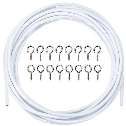 Vorhangdraht,3M Vorhang Drahtseil Set Vorhangseile Weiß Gardinendraht Curtain Wire Gardinenschnur mit 8 Stück Schraubenösen und 8 Stück Haken,für Vorhänge Duschvorhänge Gardinenstangen