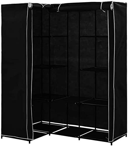 Eckschrank aus Stoff, Eckschrank, Ecke, Ankleidezimmer, staubdicht, Stoffschrank, Kleideraufbewahrung mit 2 Hängeschienen (Schwarz, 169 x 129 x 87 cm)
