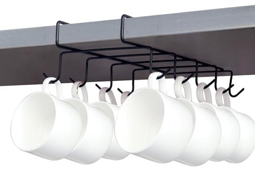 niCWhite Cup Holder Under Cabinet, Coffee Tea Mug Holder Under Shelf with 10 Hooks, Stainless Steel Mug Drying Hanger Holder Rack Kitchen Cupboard Utensil Storage Organiser