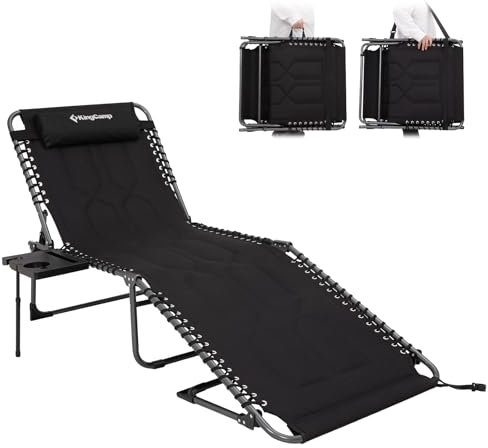 KingCamp Gepolsterter, faltbarer Chaiselongue-Sessel für Outdoor, Terrasse, Strand, Rasen, Sonnenbaden, Bräunen, Liegestühle mit Kissen und Beistelltisch (1 Stück, schwarz)