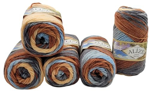 500 Gramm Ilkadim Export Burcum Batik Wolle mehrfarbig mit Farbverlauf, 5 x 100 Gramm Acryl Strickwolle bunt (blau grau terrakotta ua 7922)