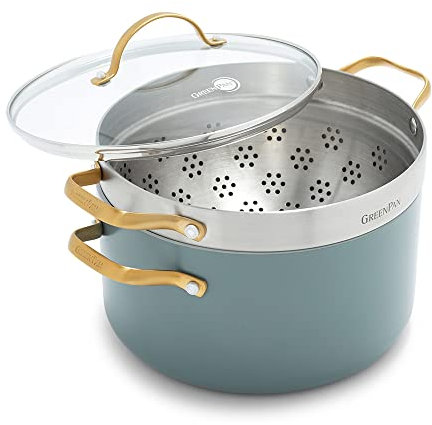 GreenPan Padova Non-Stick in Hard Anodized Healthy Ceramic, 2-Piece Stockpot 24 cm/5.7L with Steamer, PFAS Free, Induction, Gold Stainless Steel Handle, Oven Safe, Smoky Blue