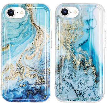 Foonary 2 Stück Hülle für Apple iPhone 7/8/SE 2020/SE 2022 4,7, Handyhülle mit Glitzer Marmor Aesthetic Muster Motiv Design Case, Silikon Bumper Schutzhülle für iPhone SE 3 Cover, Marmor 04
