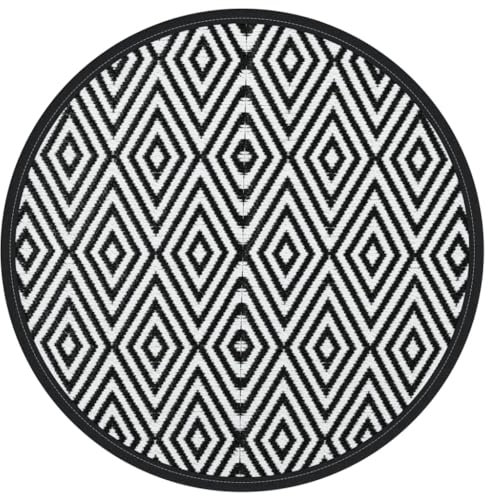 vidaXL Outdoor Teppich, Gartenteppich Rund Beidseitig, Balkonteppich Terrassenteppich UV-beständig, Teppich für Balkon Terrasse, Weiß Schwarz Ø120cm PP