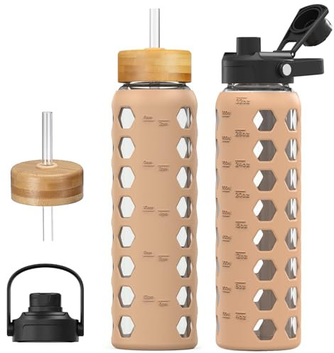 MUKOKO Glas-Wasserflaschen, 900 ml, Glasbecher mit Strohhalm, Trinkflaschen mit 2 Deckeln, Griff und Bambus-Trinkhalm-Deckel, motivierende Wasserflasche mit Zeitmarkierung und Silikonhülle, 1 Stück