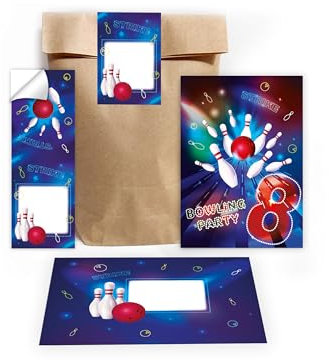 Limonia 12 Einladungskarten zum 8. Kindergeburtstag Bowling Party Kegeln neon Einladung Set Geburtstag Mädchen Kinder Jungs Jungen Boys Geschenktüte inkl. 12 Umschläge, 12 Tüten, 12 Aufkleber