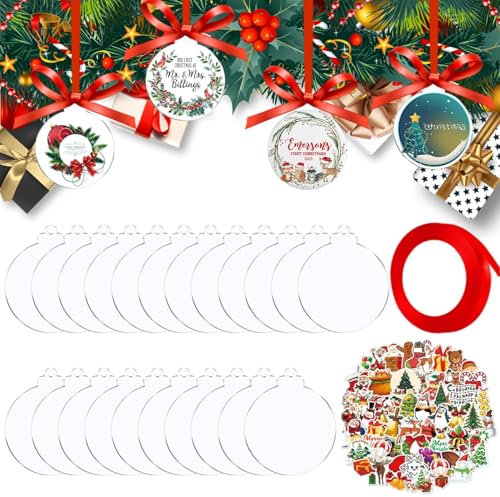Acryl Ornamente Rohlinge, 50Pcs Acryl Rohlinge & 50Pcs Aufkleber, DIY Weihnachtsornamente, Rohlinge Ornamente mit einer roten Rolle Bänder für Weihnachtsbaum Dekoration (7.5cm）