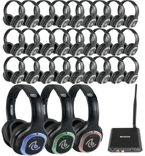 Retekess TA004 Silent Disco Starter Kit, Silent Disco Set(1-30) | für Partys, TV, PC, Handys, Musikfestivals, Bars, 3 Kanäle, 200m Reichweite, 30 Kopfhörer, Kabellose Übertragung
