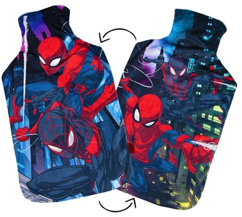 Disney Reversible Hot Water Bottles – Spiderman Plush Cover – Natural Rubber 2L Capacity - Spiderman Red and Navy Suit Design - Reversible