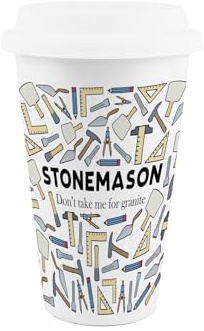 Purely Home Stonemason Ceramic Travel Mug - Humorous Masonry Tradesman Novelty Gifts - Reusable Silicone Lid Double-Walled Insulated Drinks Flask Cup