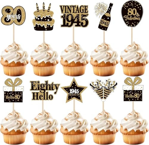 SYKYCTCY 36 Pack Happy 80th Birthday Cupcake Toppers Glitter Hello 80 Eighty Vintage 1945 Cupcake Picks Cheers to 80 Birthday Party Decorations for 80th Birthday Anniversary Party Cake Decorations