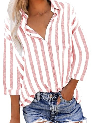 Ybing Chemise en lin à manches 3/4 pour femme - Rayée - Imprimé - Chemise en mousseline fine - Coton et lin - Chemise à manches longues - Décontractée - Vintage - Chemise d'été boutonnée - Chemise
