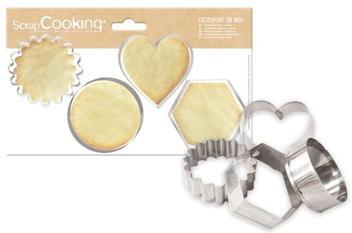 ScrapCooking - 4 Emporte-Pièces à Biscuits - Découpoirs en Inox - Moules pour Petits Gâteaux –Accessoires Pâtisserie - Rond, Cannelé, Cœur, Hexagone - 2064