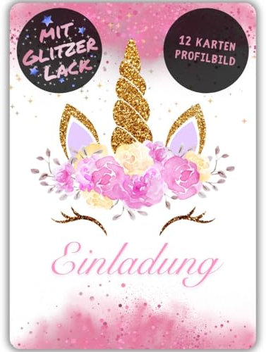 celebr8te 12x Einhorn Glitzer Einladungskarten in rosa - Für den Kindergeburtstag von Mädchen - Einhorn Geburtstagseinladungen inkl. Messenger Bild & Urlaubsgutschein