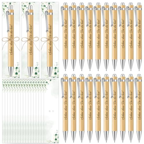 BOFUNX 20pcs Schön dass du da bist Holz Kugelschreiber Stifte Gastgeschenke Hochzeit mit Eukalyptus Karte Dankeschön Geschenk für Hochzeit Taufe Kommunion Konfirmation Geburtstag Abschied Abschluss