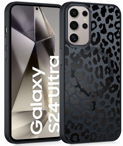 Coiwxmoi Magnetische Handyhülle für Samsung Galaxy S24 Ultra 5G 6,8 Hülle, Kompatibel mit MagSafe Leopard Muster Transluzente Case, Matte PC Dünn TPU Stoßfest Cover für Samsung S24 Ultra - Schwarz 02