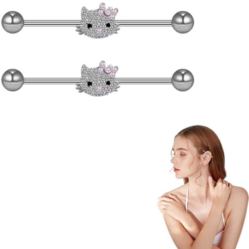 HQRKOTM Industrielles Piercing, 2 Stk, Rosa, 1.6mm x 38mm, Edelstahl, quadratischer Zirkonia-Kristall, für den Alltag und Geschenke