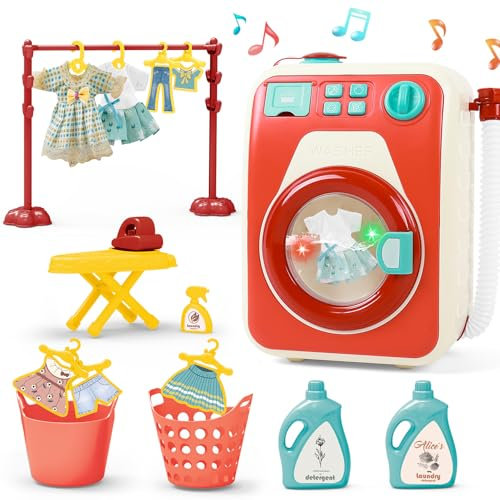 deAO Lavadora Juguete, Mini Juguete para Lavador, Sonidos Realistas con luz y Luces, Juego de Lavandería Juego con Percha y Canasta para Niños (Rojo)