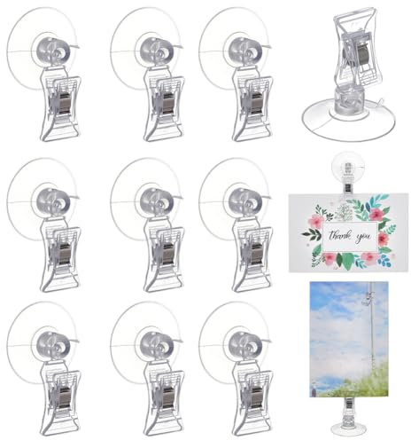 FINGERINSPIRE 12Pcs Suction Cup Clip, Plastic Advertising Pop Display Business Cards Holder Stand Clear Clamps Window Glass Suction Cup with Clip for Hanging Kitchen Bathroom Office Accessories