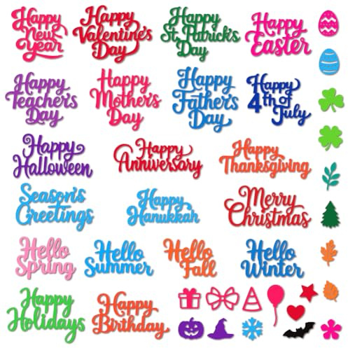 MAYJOYDIY Feiertagsgrüße Metall Stanzformen Geburtstagswünsche Stanzschablone Hello Four Seasons Prägung Scrapbooking Schnitte Vorlage Für Karten Scrapbooking Alben Handgemachte Geschenke Dekoration
