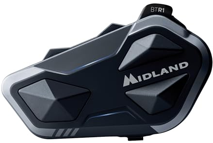 Midland - Motorrad-Gegensprechanlage BTR1 Single, wasserdichtes IPX6 Helm-Headset, 800 m Reichweite, 4-Personen-Konferenz, 23H Akku, Paralleles Audio, GPS/Musik-Konnektivität, ECE 22.06 konform
