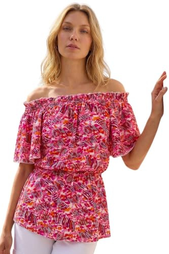 Roman Originals Abstract Print Bardot Top for Women UK - Ladies Everyday Holiday Spring Summer Comfy Soft Evening Vacation Work Party
