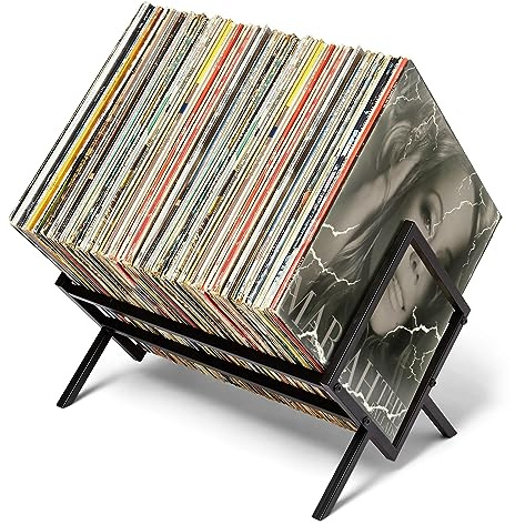 Fesatccoz Vinyl Record Holder Desktop Book Storage Stand Metal Vinyl Record Storage Rack 80-100 LP with Divider for Magazine, Book, Files, Albums