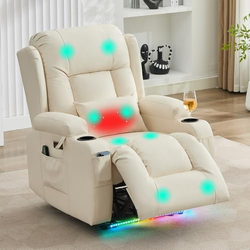 SAMERY Fernsehsessel Elektrisch Verstellbar Relaxsessel mit Liegefunktion,Massagesessel Vibration Heizung,Kunstleder TV Sessel Wohnzimmer Liegesessel Kinosessel 614 mit USB/LED,bis 150 kg (1, Beige)