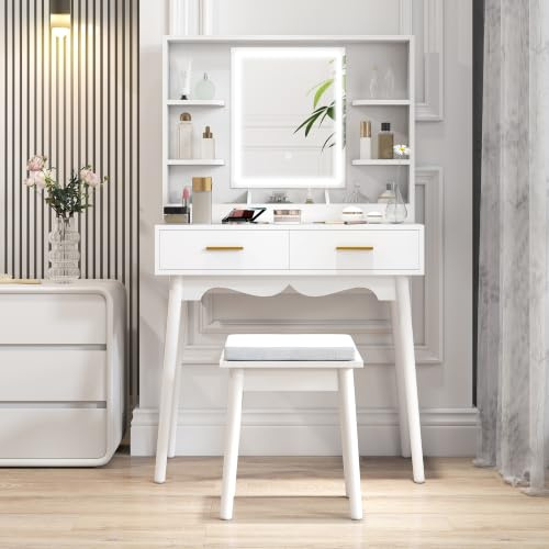 HOMCOM Dressing Table with Mirror and Stool, Modern Makeup Table White | Vanity Desk, 3-Colour LED Lights, Cushioned Seat, 2 Drawers, Storage Shelves, Pine Wood Legs