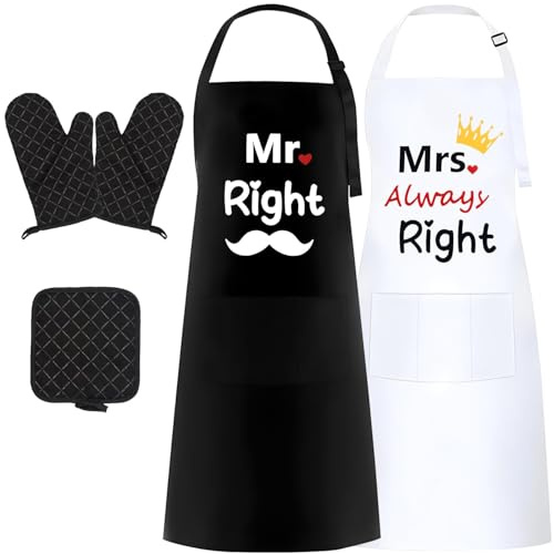 2 Stücke Mr und Mrs Schürzen, Weiß und Schwarz Impermeabile Schürze mit Wärmeisolierten Silikonhandschuhen und Verstellbare Träger, Weihnachts, Valentinstags,Verlobungs,Hochzeitsgeschenke für Paare