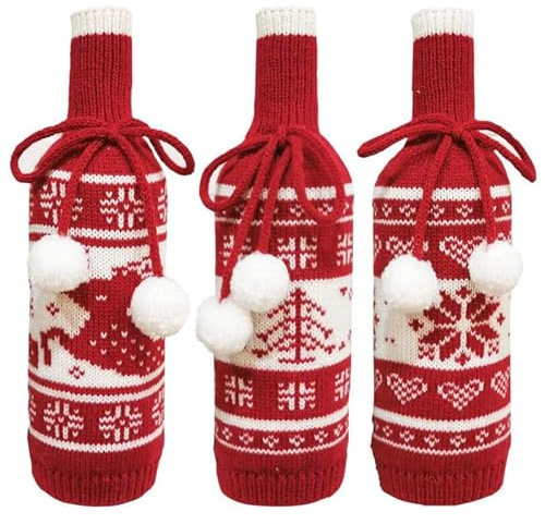 GALPADA 3 StüCk Gestrickte Weinflaschenabdeckung Weihnachten Flaschentasche Mit Rentier Schneeflocken Design FüR Festliche Deko Und Weihnachtsfeier