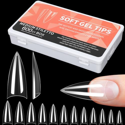 Alyvisun Long Stiletto Half Cover Nail Tips, 600 Pieces Clear Soft Gel Nails Tips, 12 Sizes Fake Nail Extension Tips for Manicure Salon, DIY