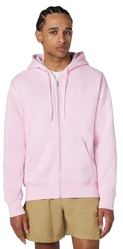 Nike Club Fleece Hoodie with Full Zip for Men, Pink Foam/Pink Foam/White, FN3861-663, L