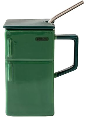 Bibykivn Tazza Retrò Da Frigorifero Con Coperchio E Cannuccia Per Coppie Per LUfficio O Come Regalo Ceramica Design Del Frigorifero 550 Millilitri Carina Creativa Grande (Verde)