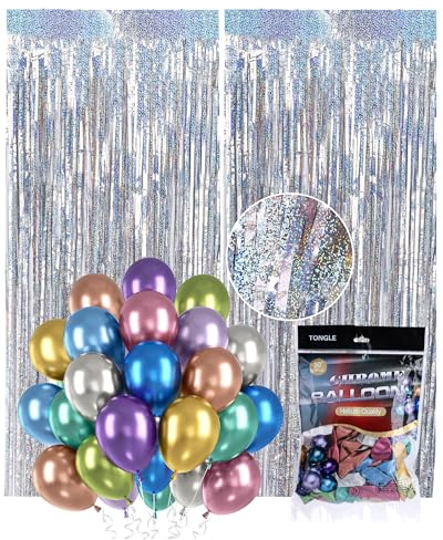 Acual Lametta Vorhang Silber, 2 Stück Glitzervorhang mit 50 Luftballons | 2 Glitzervorhänge 1x2,5m, Ideal als Fotohintergrund für Geburtstag, Hochzeit und Partydekoration
