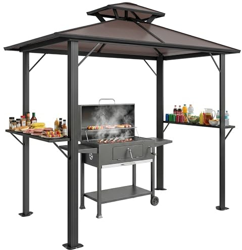 Outsunny Grillpavillon 2,5 x 1,5 m, Wasserdicht Grillüberdachung mit Doppeldach aus Polycarbonat Seitenregalen Aluminiumrahmen UV-Beständige Grill Pavillon Grillzelt für BBQ Garten Party Braun