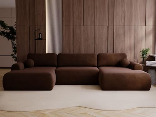 GRAINGOLD Savana U Ecksofa mit Schlaffunktion und Bettfunktion, 344x177 cm, U-Form Sofa, Schlafcouch für Wohnzimmer, Veloursstoff, 5-Sitzer Wohnlandschaft, Ecksofa mit Stauraum (Braun)