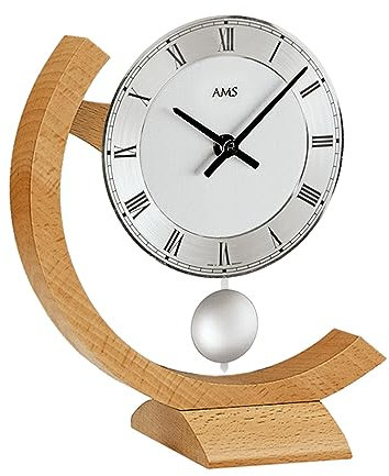 AMS. Pendel-Tischuhr 163, modern, Quarz, aus Massivholz und Metall, für Wohnzimmer, Schlafzimmer, Made in Germany