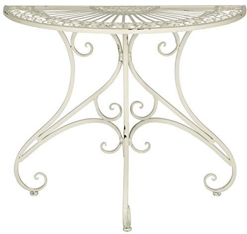 SAFAVIEH Outdoor - Annalise Half-Moon Accent Table - Antique White Iron Metal - Vintage Baroque Scrollwork - Ideal for Patio, Deck, Porch, Garden, 35.5 W x 18.5 D x 29 H (PAT5008A)