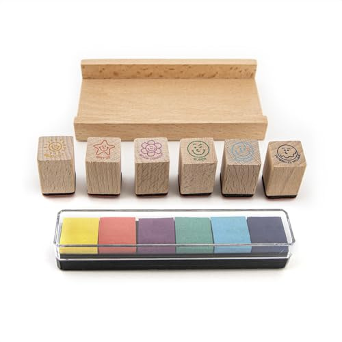 TRENDHAUS 928009 - Lehrerstempel Set, 6 Stempel mit bunten Stempelkissen, Holzstempel für Kinder, Lehrer und Erzieher