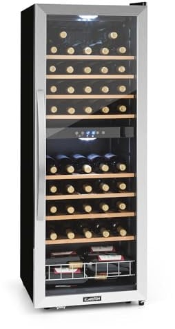Klarstein Weinkühlschrank, Getränkekühlschrank Schmal, Kühlschrank mit Glastür, Getränkekühlschränke Freistehend, Weinkühlschrank Klein, Weinkühlschränke 2 Zonen, LED-Beleuchtung, 5-18 °C, 54 Flaschen