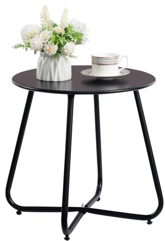 HollyHOME Runder Beistelltisch aus Metall, rostbeständig, für Terrasse, kleiner Pflanzenständer, 44 cm, tragbarer Beistelltisch für Balkon, Garten, Wohnzimmer und Schlafzimmer, Schwarz