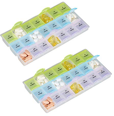 2 x 7 Tage Tablettenbox im Set, 3 Fächer, morgens, mittags, abends, Wochen Medikamentendosierer mit Deckel, transparent