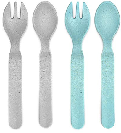 reer Growing Kinder-Besteck Set 4 Stück, 2 Löffel und 2 Gabel, nachhaltiges Geschirr, melaminfrei, blau/grau