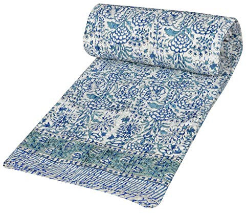 V Vedant Designs Indische handgefertigte Tagesdecke für Doppelbett/Queen-Size-Betten, Kantha-Blumenmuster, Baumwolle, 228 x 152 cm, Blau