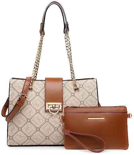 Dasein Leder-Handtasche, Hobo-Tasche für Damen, Schultertasche, Tragegriff oben, mit passender Clutch, Beige mit Monogramm, Medium